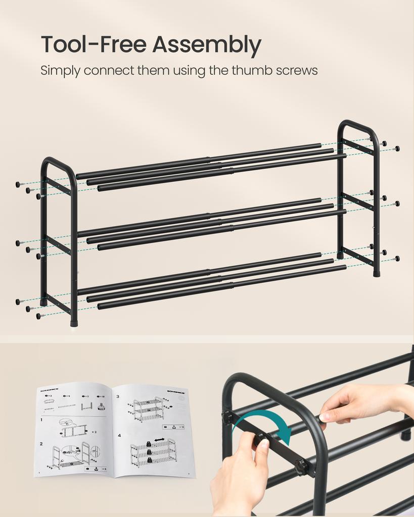 SONGMICS Expandable Shoe Rack, Shoe Storage Organiser, Adjustable Shelves, Sturdy and Heavy-Duty, for Hallway, Closet, Living Room, 3-Tier, Ink Black