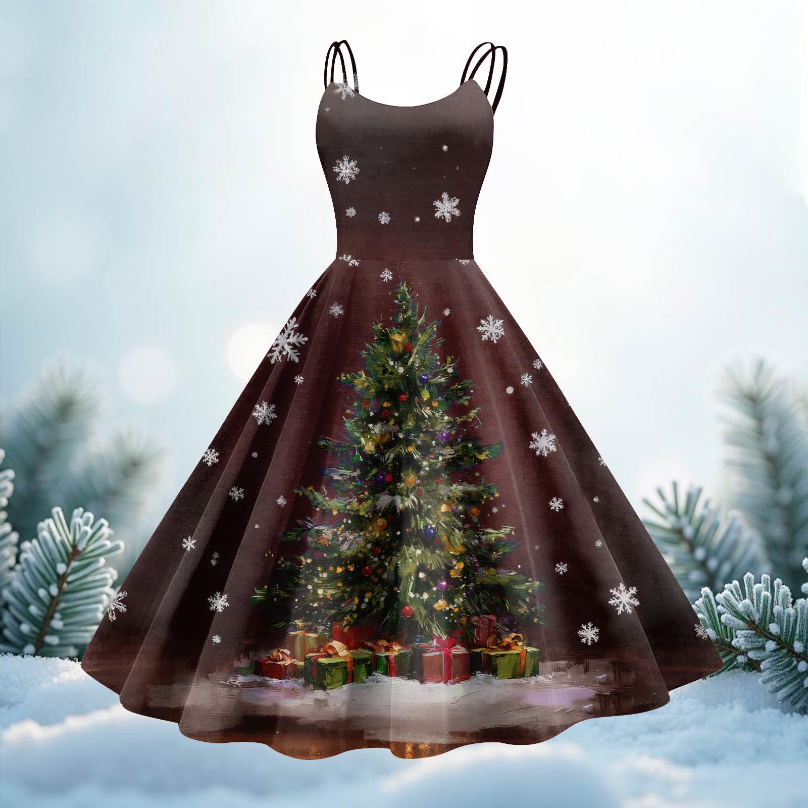 

Женское повседневное платье миди с рождественским принтом и круглым вырезом M