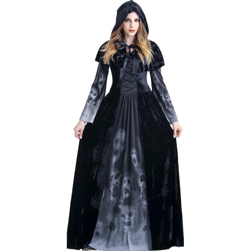 Halloween Adult Reaper Long Dress Horror Skull Vampire Cosplay Suit Bar Stage Costume