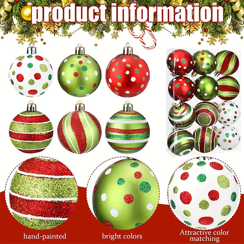 Christmas 2025 Pendant Festival Decorations Hand Drawn Home Party Decor Polka Dot Pattern Celebration Glitter Exquisite 12pcs/Box