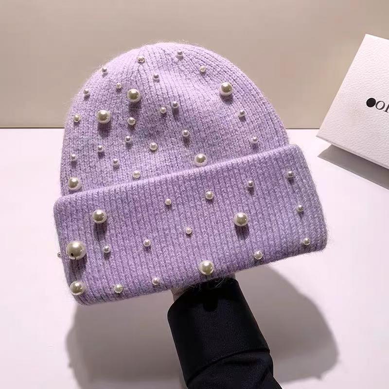 New Autumn And Winter Heavy-Duty Pearl Wool Hat Pearl Fashion Knitted Hat Warm Ear Protection
