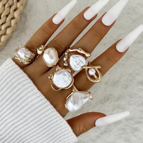 Design Geometric Baroque Pearl Ring Alloy Flower Dripping Branch Ring Set