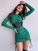 Mesh Waist-Cinching Dress - European & American Style, Spring/Summer Fashion, Round Neck, Sexy Long Sleeve, Ruffled Mini Skirt.