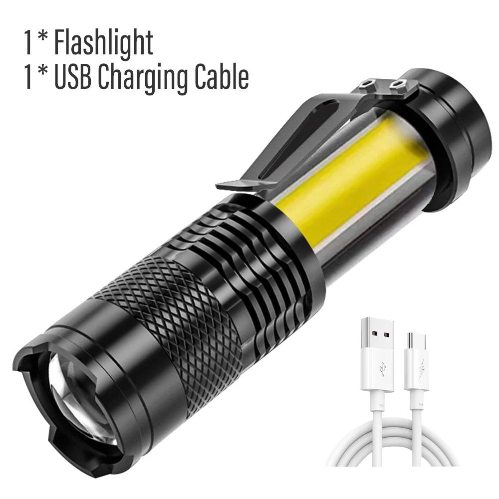 2000LM MINI Flashlights Built In Battery USB Charging LED Flash Light COB Zoomable Waterproof Tactical Torch Lamp Bulbs Lantern