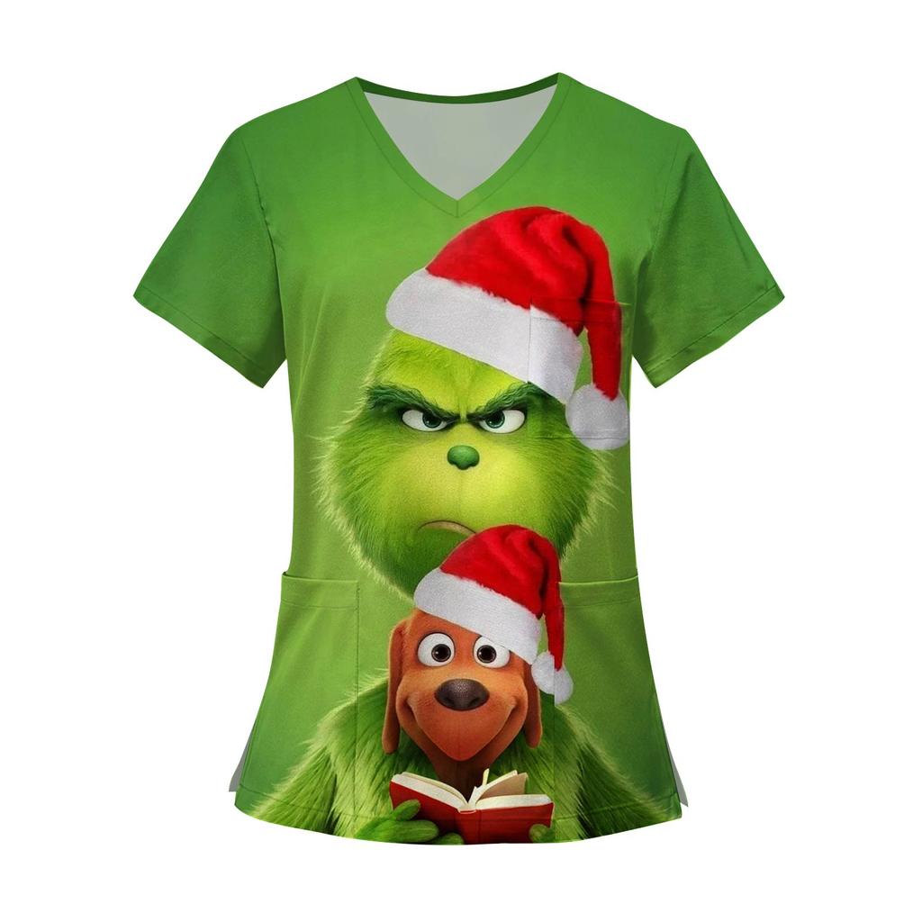 Women's Fashion Printed Short Sleeve V Neck Pattern Tops Pocket Working T-shirts