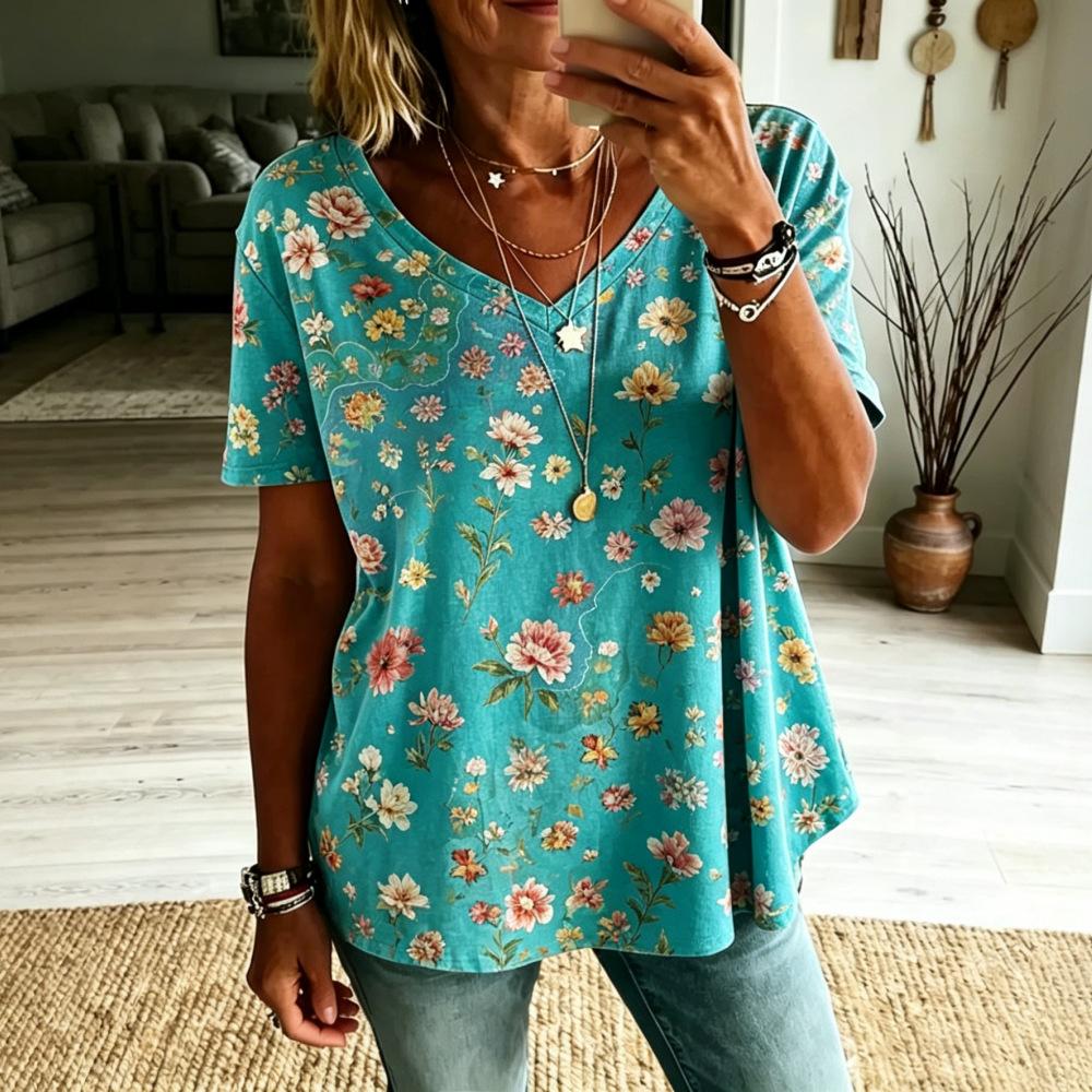 Women Boho Paisley Print Blouse V‑Neck Short Sleeve Ethnic Retro Loose Plus Size Casual Summer Tunic Top