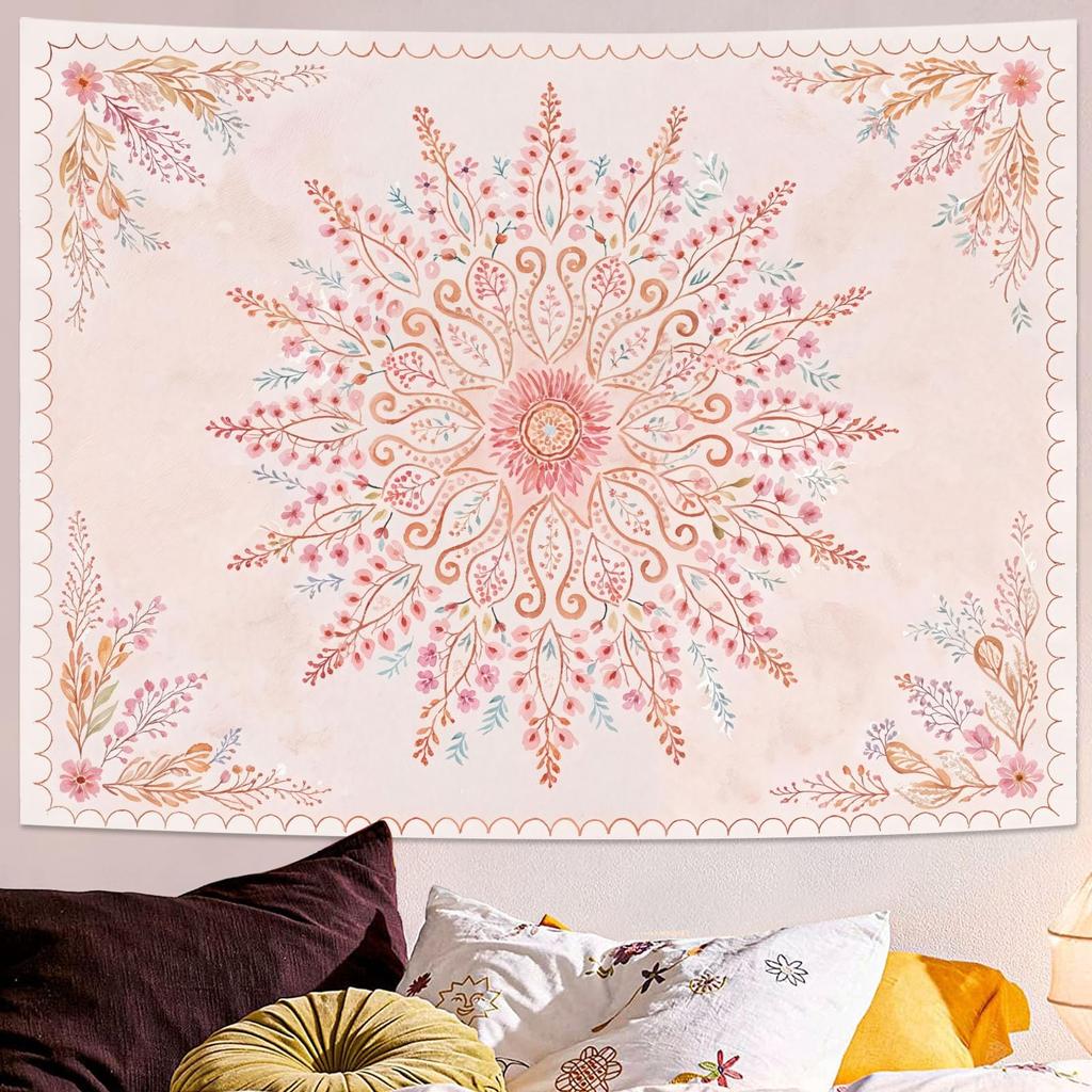 Aesthetic Boho Mandala Tapestry, Vintage Orange Floral Wall Hanging, Ethnic Bohemian Tapestry For Bedroom Living Room Dorm