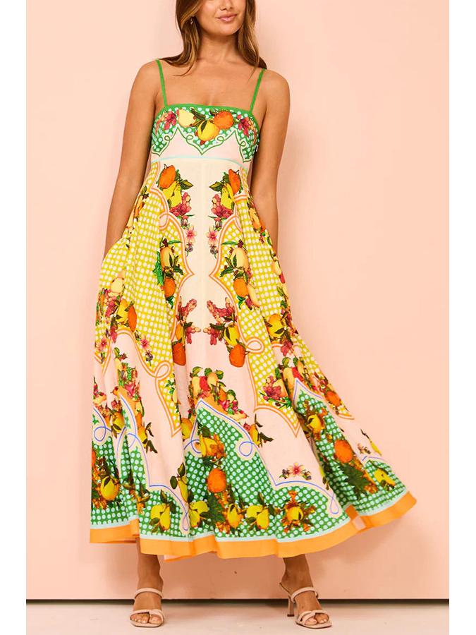2025 European & American Women's Summer Sleeveless High-Waist Swing Dress with Sexy Suspender & Print Design