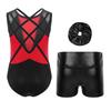Girls Dance Performance Set Shiny Rhinestones Sleeveless Crisscross Back Leotard Metallic Shorts Headwear