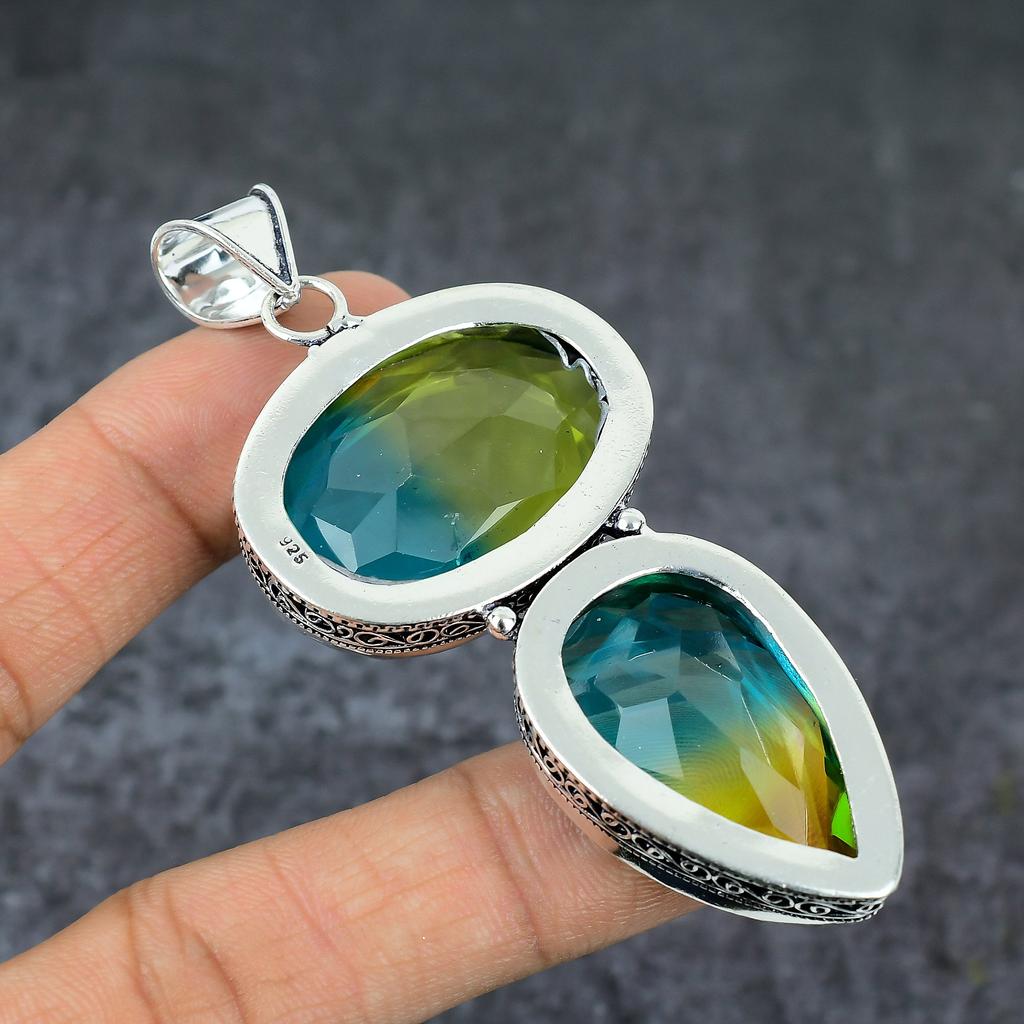 Natural Bi-Color Tourmaline 925 Sterling Silver Jewelry Pendant 3.35" U0V05