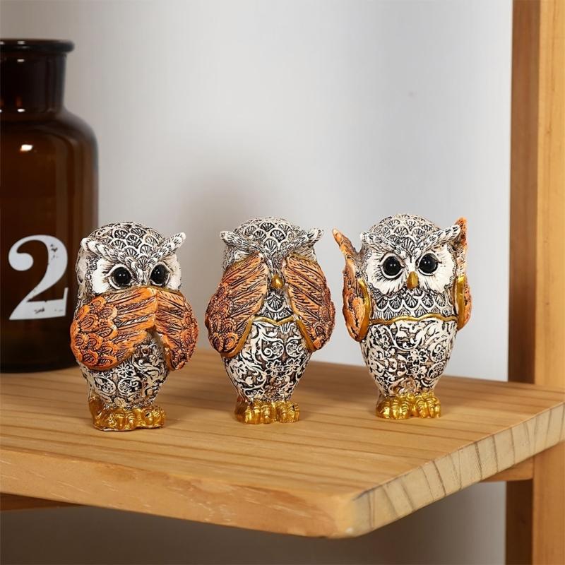 3 szt. Figurki Dekoracyjne Sowy Nie Słyszy Nie Widzi Nie Mówi Nie Sowa Zwierzę Rzeźby Żywiczne Ozdoby do Salonu i Biura
