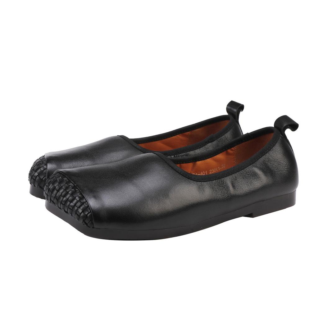 2025 Autumn Women's Retro Genuine Leather Square Toe Slip-On Ballet Flats