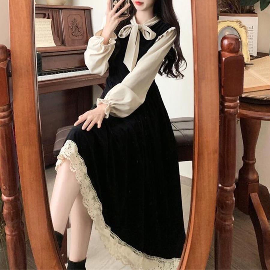 Women's Autumn New French Vintage Bow Dress Cute College Style Sweet Age-Reducing A-Line Dress