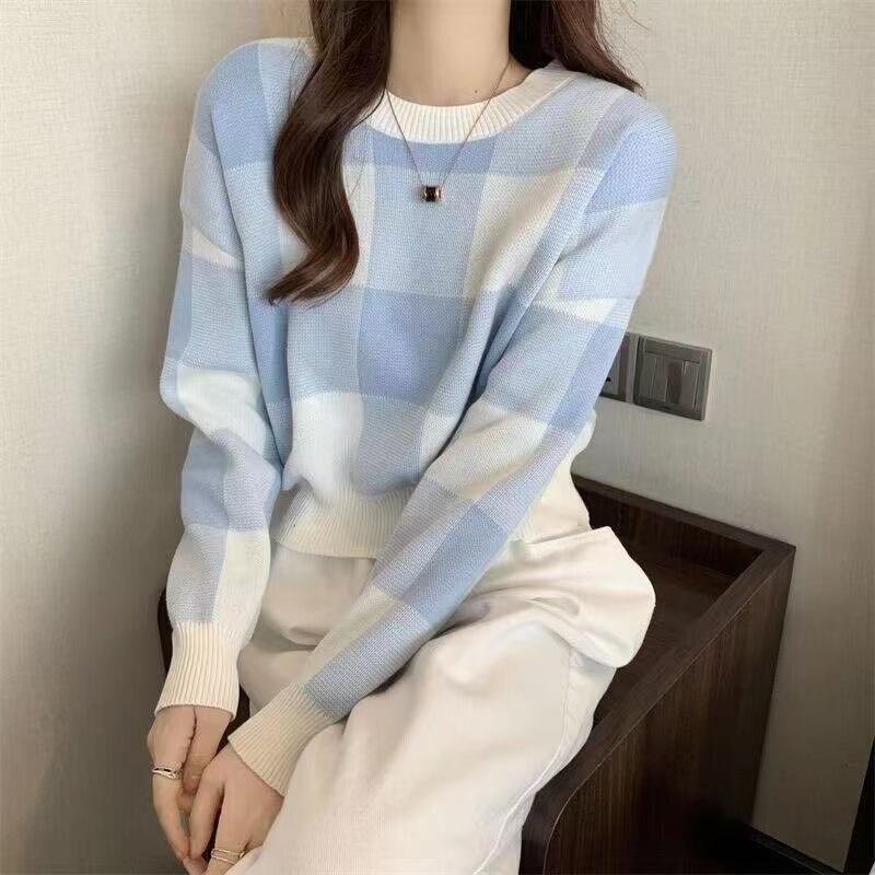 Autumn Winter Vintage Knitwear Crop Tops Women Pullover Sweaters Fashion Female Long Sleeve Elastic Casual Plaid Knitted Shirts