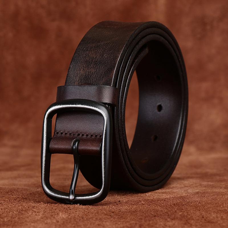 Pánský pásek sepraný Vintage nouzový emboss Pravá kůže Cattlehide Univerzální Neformální džíny Pásek se špendlíkovou přezkou Pánské