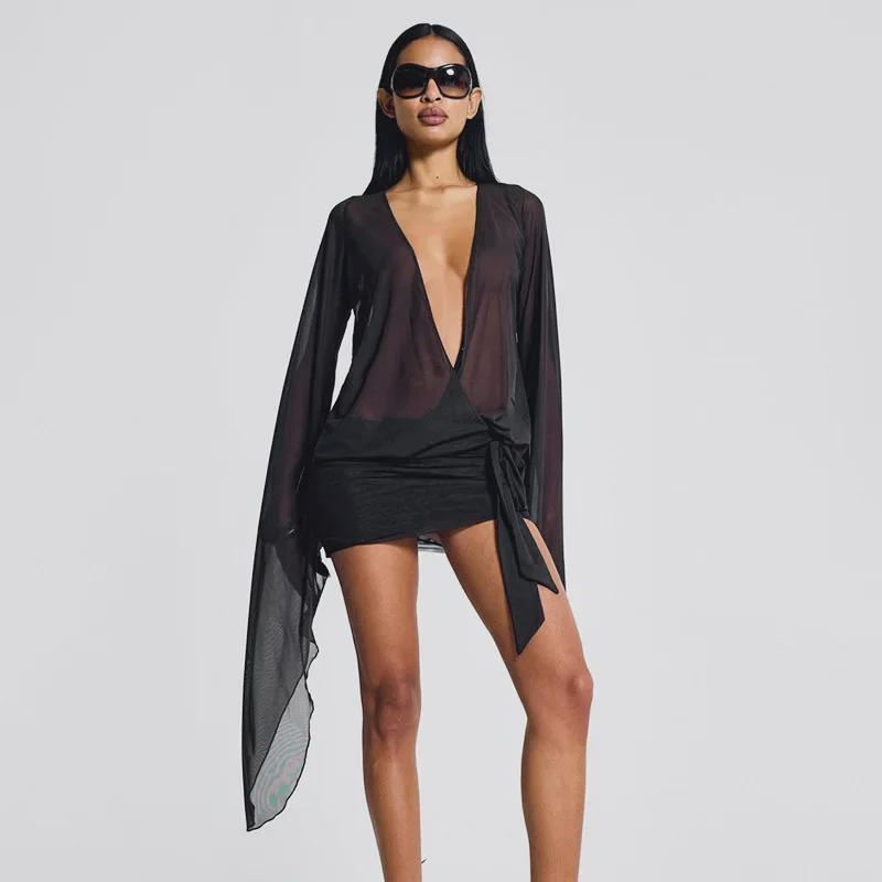 F24DS389 Women's Sexy Mesh Low-Cut Mini Dress