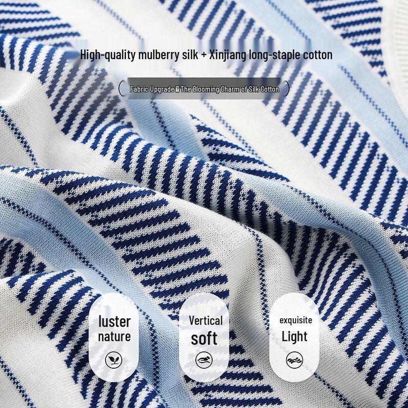 Women's Mulberry Silk Blend Striped Short Sleeve Knit Top