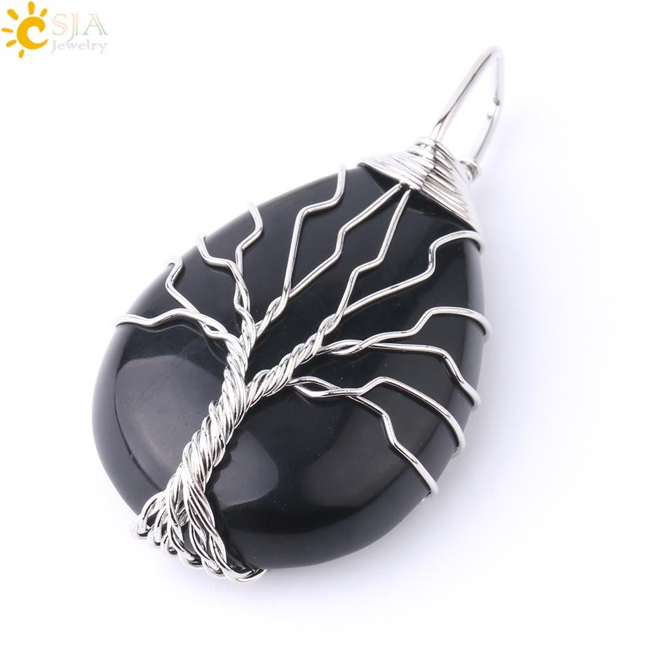 CSJA Tree of Life Crystals Necklace Pendant Water Drop Natural Stone Necklaces Wire Wrap Rose Amethysts Quartz Tiger Eye G953