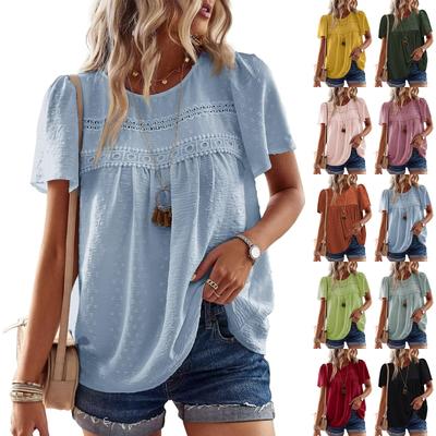Women's Summer Round Neck Short Sleeve Shirt Casual Bohemian Solid Color Tops