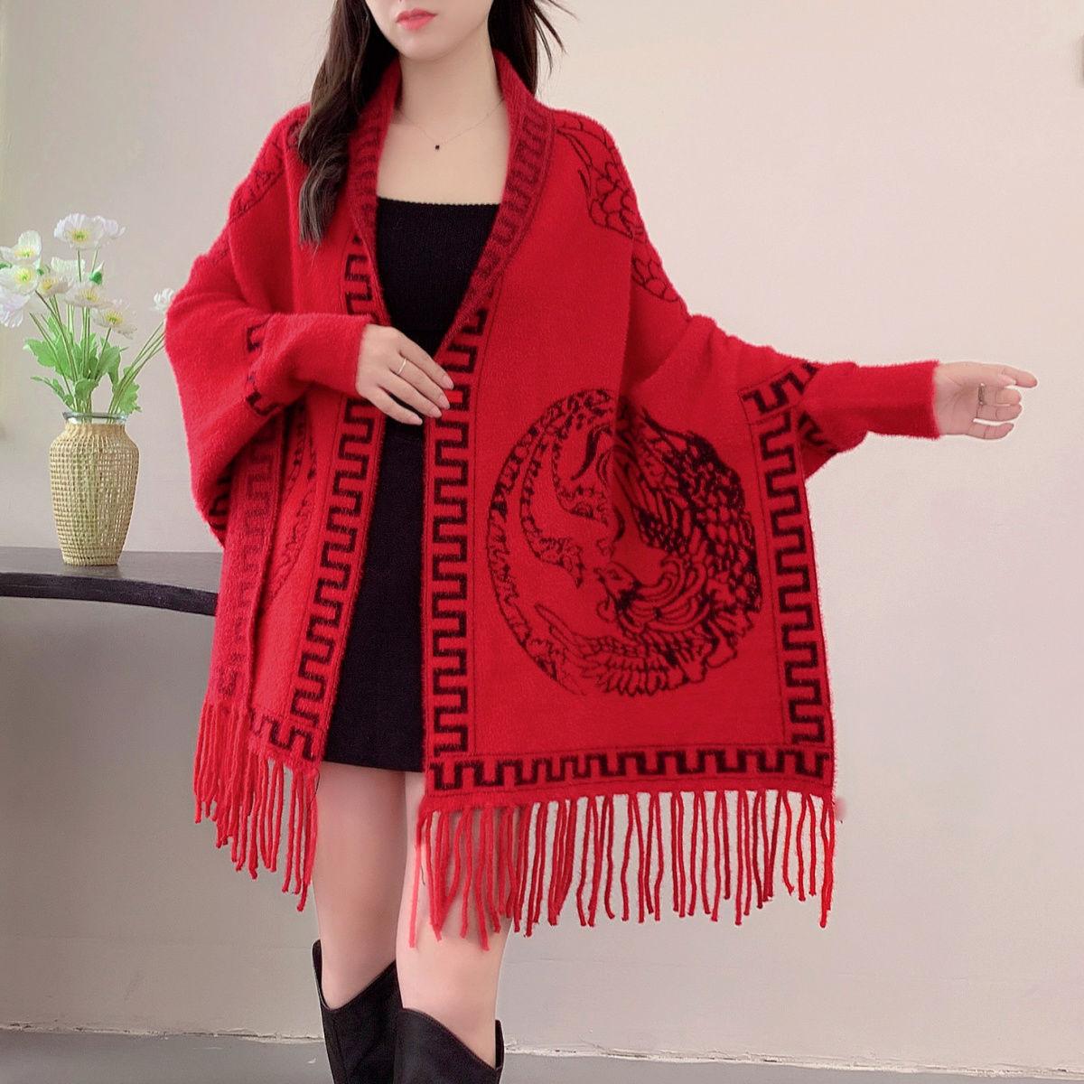 

Теплая жаккардовая вязаная шаль женская норковая бархатная бахрома чонсам накидка рукава шаль высокого класса для улицы Above 175cm красный
