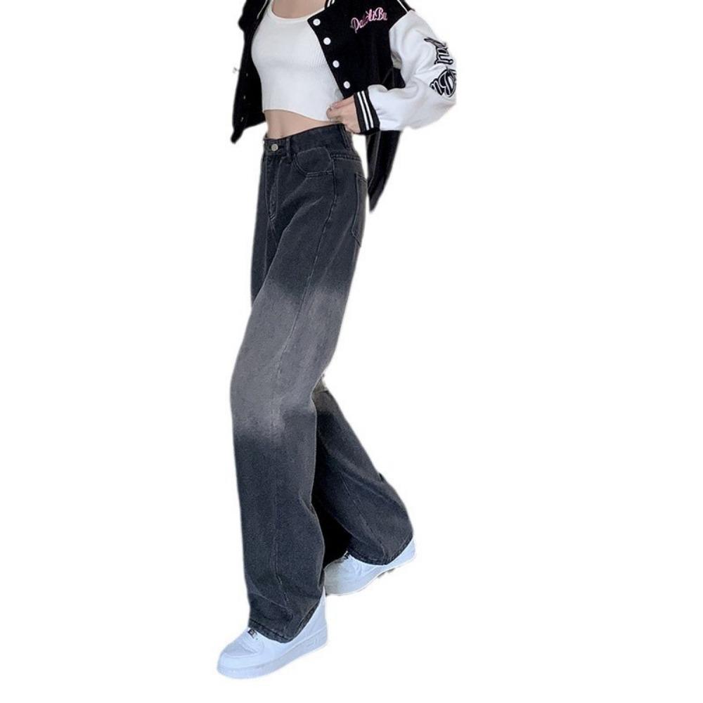 Spring and Autumn New Korean Version of Washing Water Gradual Change Straight Jeans Women's High Waist High Versatile Wide Leg Jeans