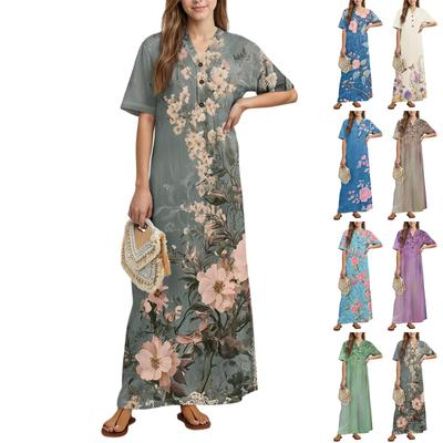 Damenmode Bedrucktes Nachthemd Hauskleidung Kurzarm-Nachthemd mit Taschen Langes Kleid