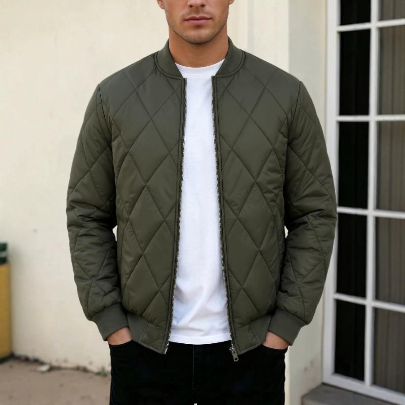 Men Solid Color Stand Collar Thickened Warm Quilted Bomber Jacket Casual Outerwear