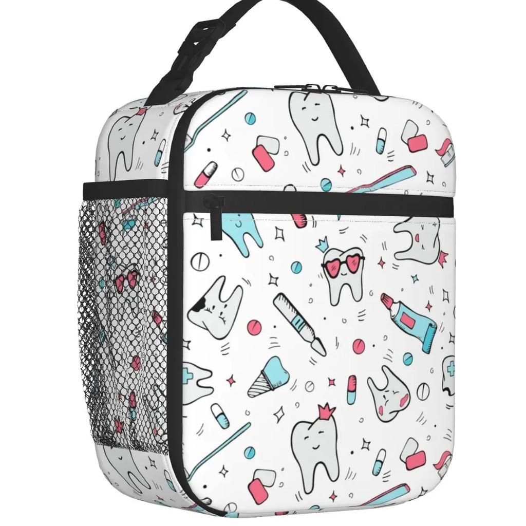 Kawaii Teeth  Pattern Insulated Lunch Bag for Women Portable Tooth Thermal Cooler Bento Box Office Picnic Travel