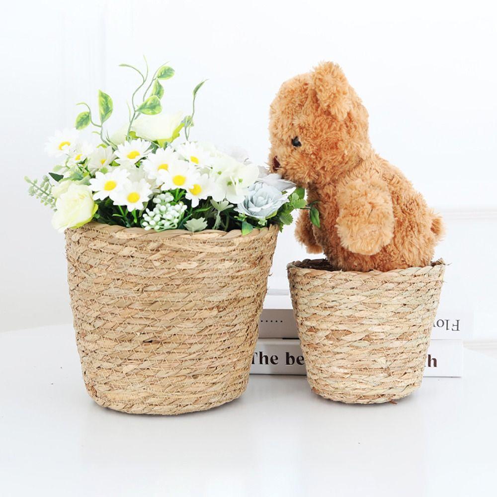 1Pcs Rattan Straw Grass Woven Flowerpot Planter Basket Woven Plant Flower Basket Flower Pot Basket