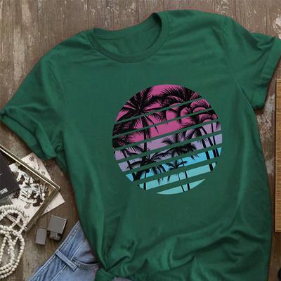 Mode Dam Svart T-shirt med Kokosträdtryck Rolig Casual O-hals Kortärmad T-shirt Sommar Dam T-shirt