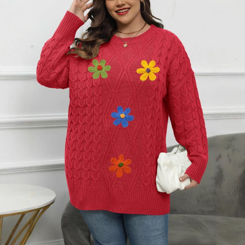 Women's Pullover Women's Round Neck Three-dimensional Embroidered Flower Splicing Bottoming Sweater Top
