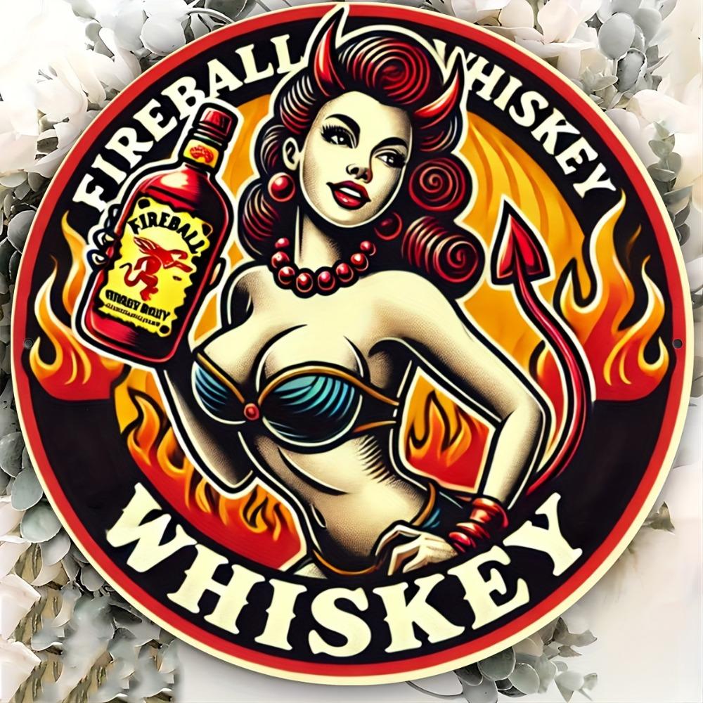 Vintage Whiskey Metal Sign Round Aluminum Flaming Design RedHaired Woman Art Bar Home Garage Decor