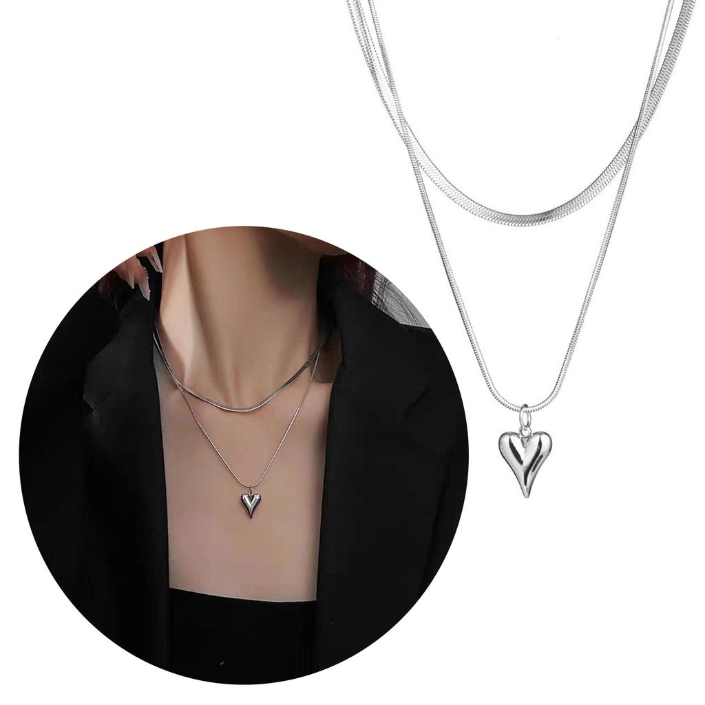 Double Layer Necklace Elegant Stainless Steel Heart Pendant Choker Charm Adjustable Collar Chain Jewelry for Daily Wear