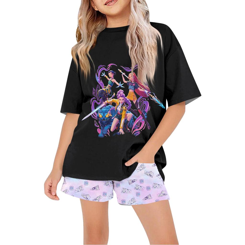 Παιδικό Καλοκαιρινό Αθλητικό T-Shirt Και Σορτς Σετ Φόρμας 2 Τεμαχίων Μπλουζάκια Κοντομάνικα Με Σχέδια Crop Tops Με Σετ Ρούχων