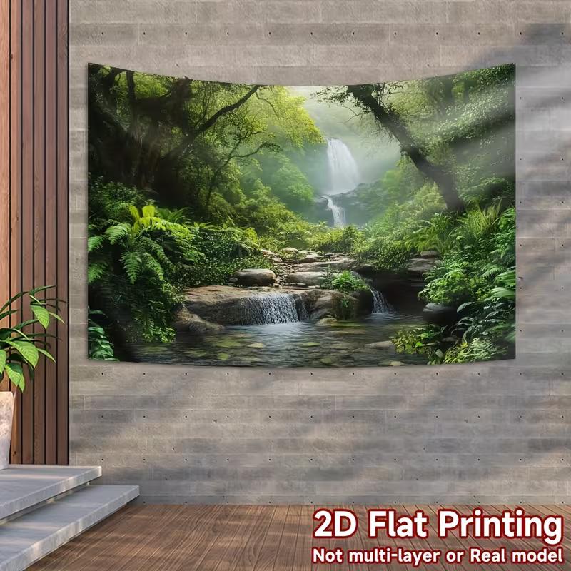 2D Lush Jungle Waterfall Tapestry Misty Stream Backdrop Cloth for Living Room