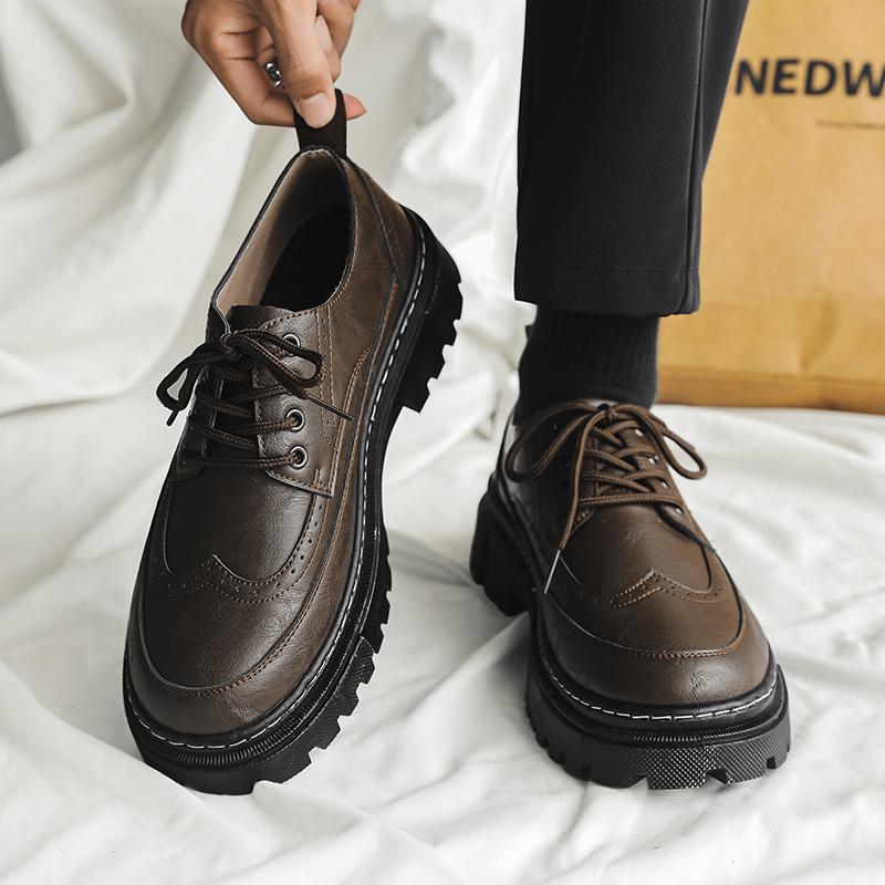 Fashion Men Italian Style Streetwear Casual Platform Thick Sole Leather Shoes Male Business Fashion Vintage Dress Wedding Leather Shoes