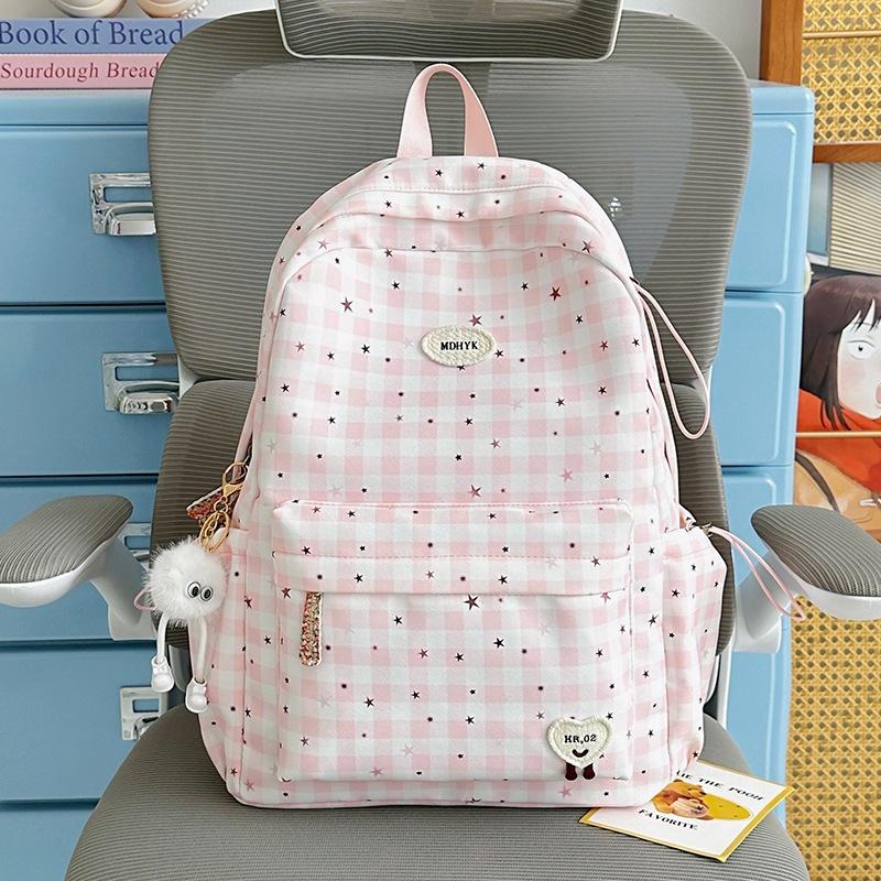 Schoolbag Plaid Backpack Female Middle and High School Students Simple Versatile Fashion Book Cute Stars Lightweight Travel Backpack