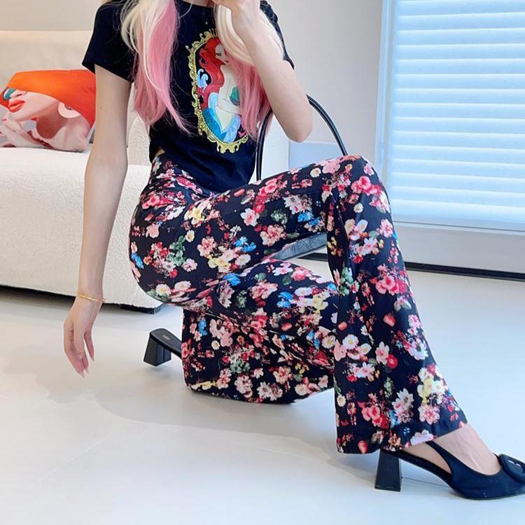 Spring Thin Women's High-waisted Flared Pants Slim Fit Trousers Printed Stretch Flared Pants