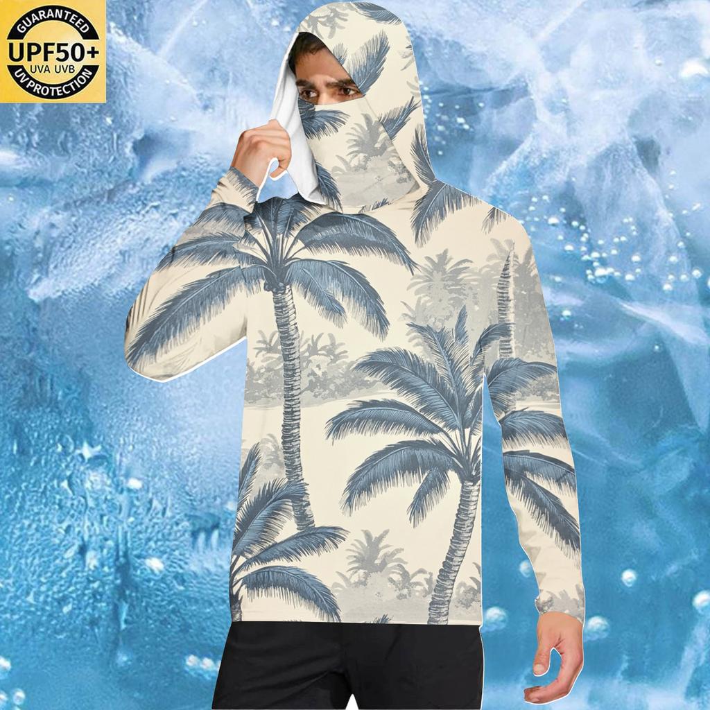 Men's Casual Hawaiian Print Hooded Long Sleeve Sun Protection Shirt Lightweight Breathable UV Protective Top for Outdoor Activities