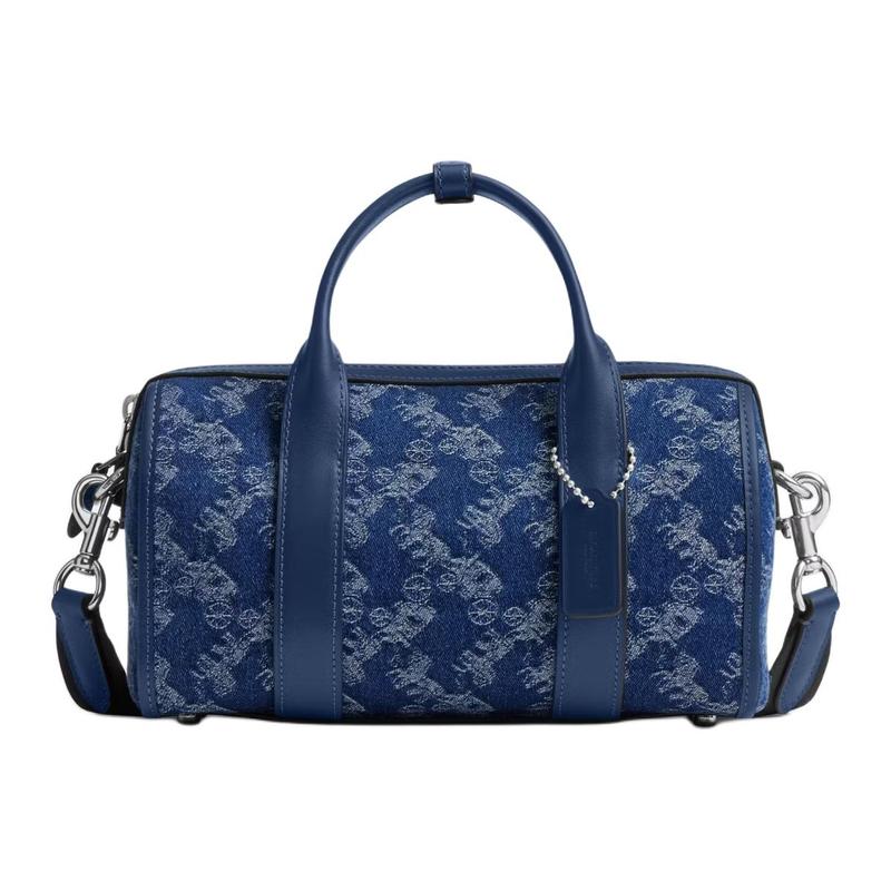

COACH Gotham 24 Carriage themed graphic print denim and leather shoulder crossbody handbag medium men s dark blue синій