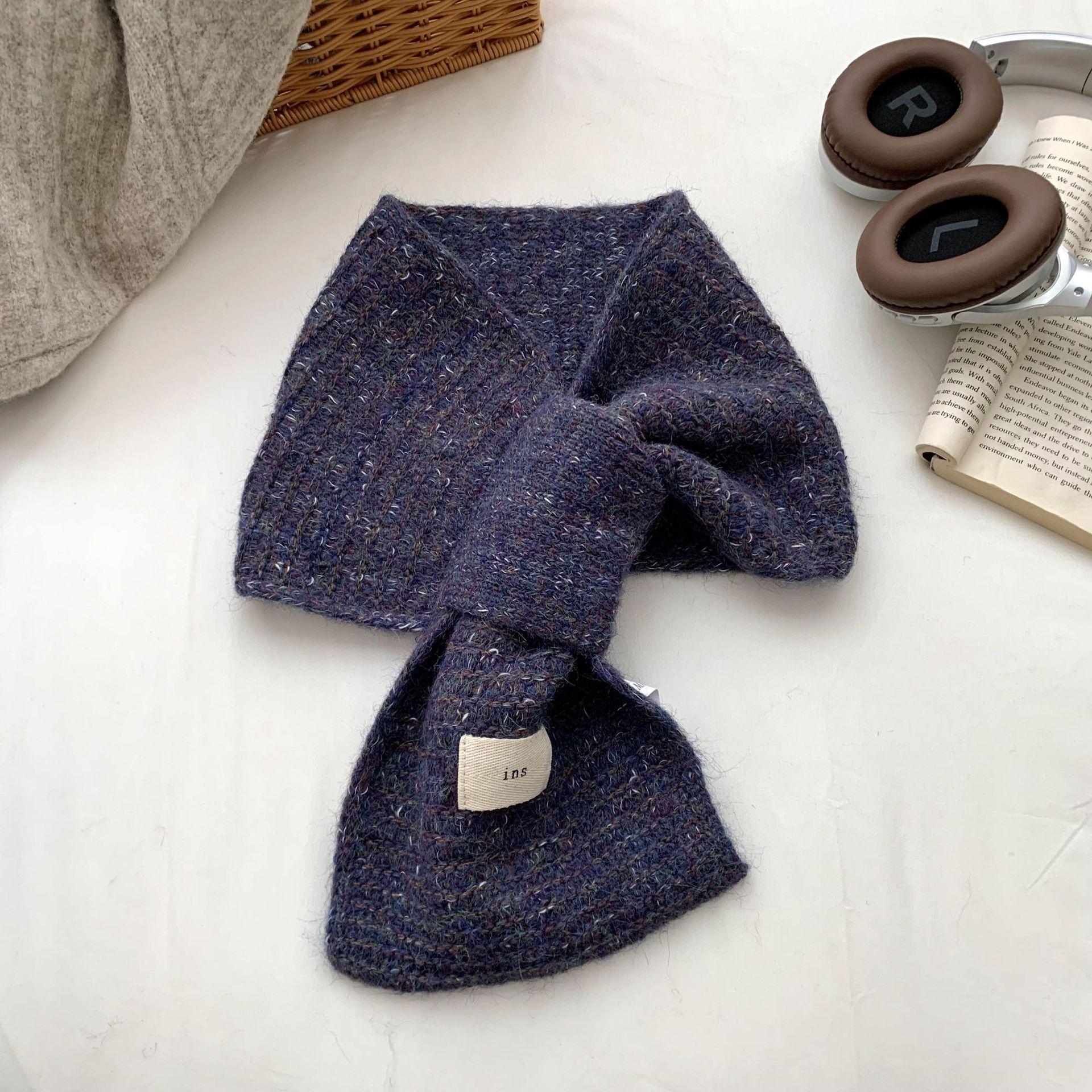 

Autumn and winter scarf women s new solid color versatile piercing cross warm wool knitted scarf small scarf