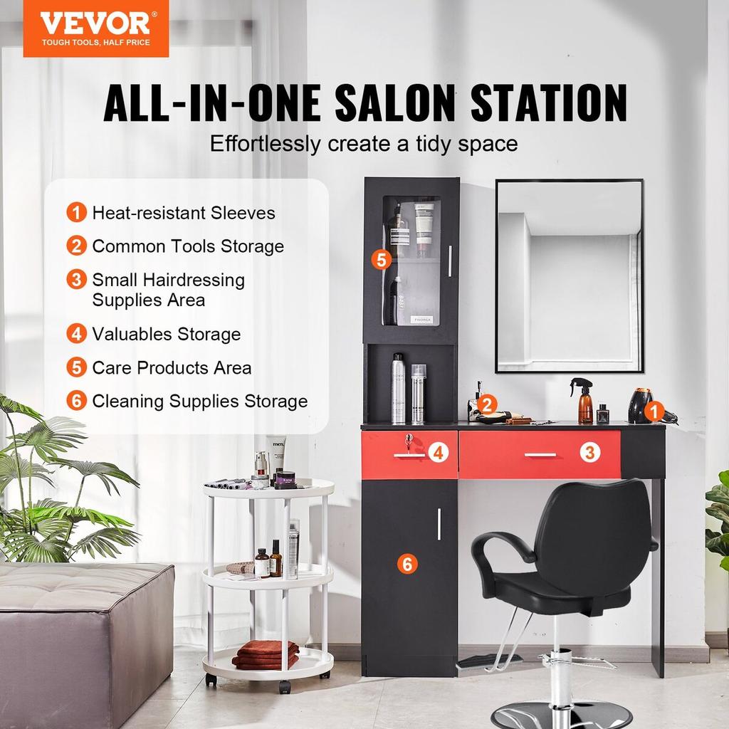 Salon Station, Wall Mount Barber Salon Station for Hair Stylist, Beauty Spa Furniture Set, 1 Storage Cabinet, 3 Cubbies and 2 Drawers(One Lockable),