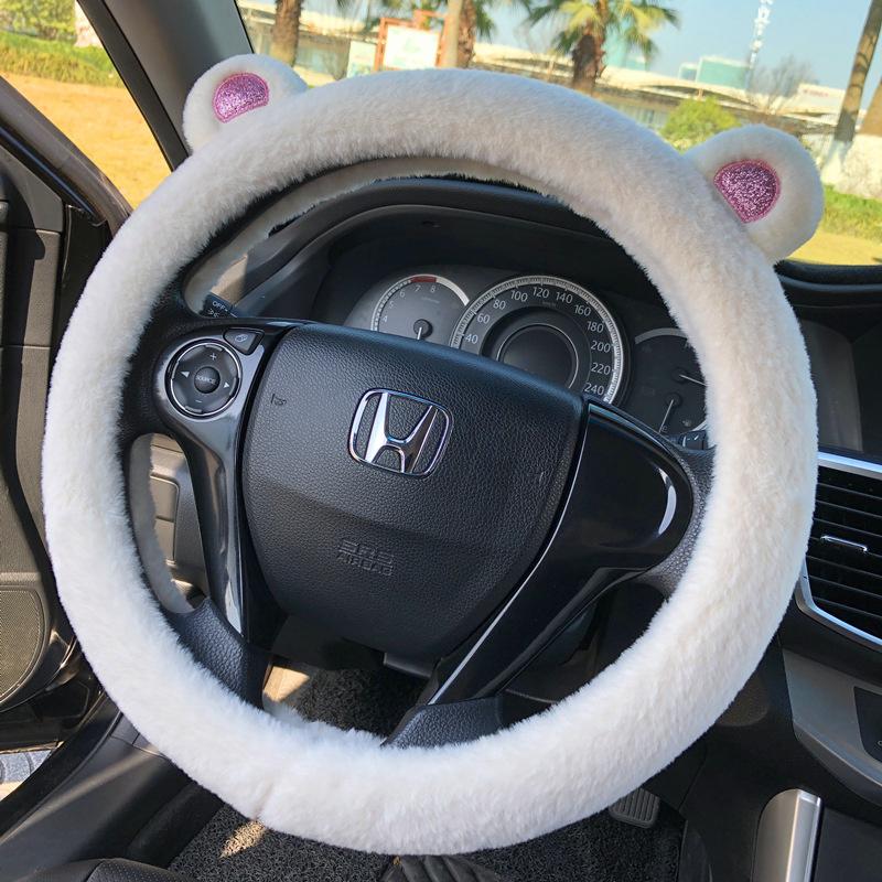 Short Plush Steering Wheel Cover Kawaii Winter Warm Car Handle Cover Anti-skid Cartoon Cute Cat Ear Steering Cover Pink Gift