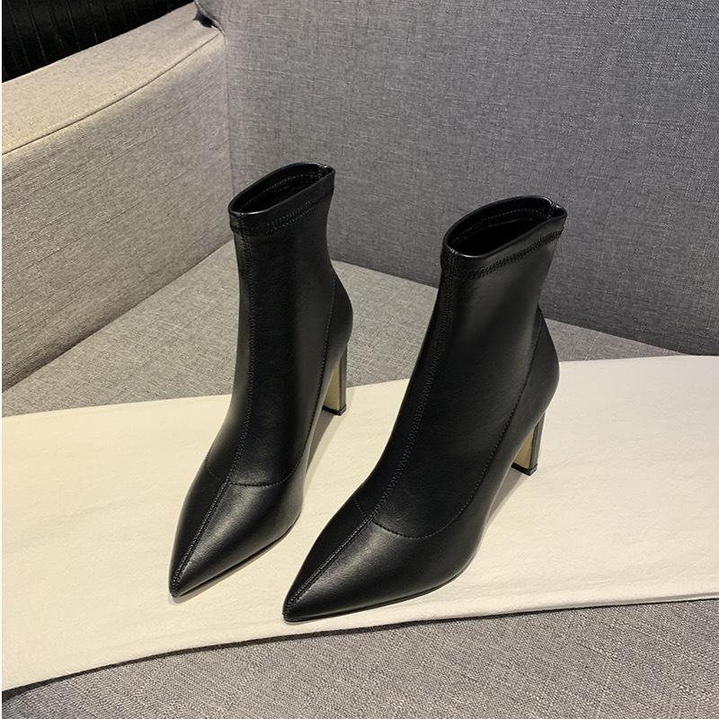 

Корейская версия коротких ботинок 2025 весна-осень острый носок высокий каблук одинарные ботинки интернет-знаменитость толстый каблук белые тонкие ботинки эластичные женские б 39