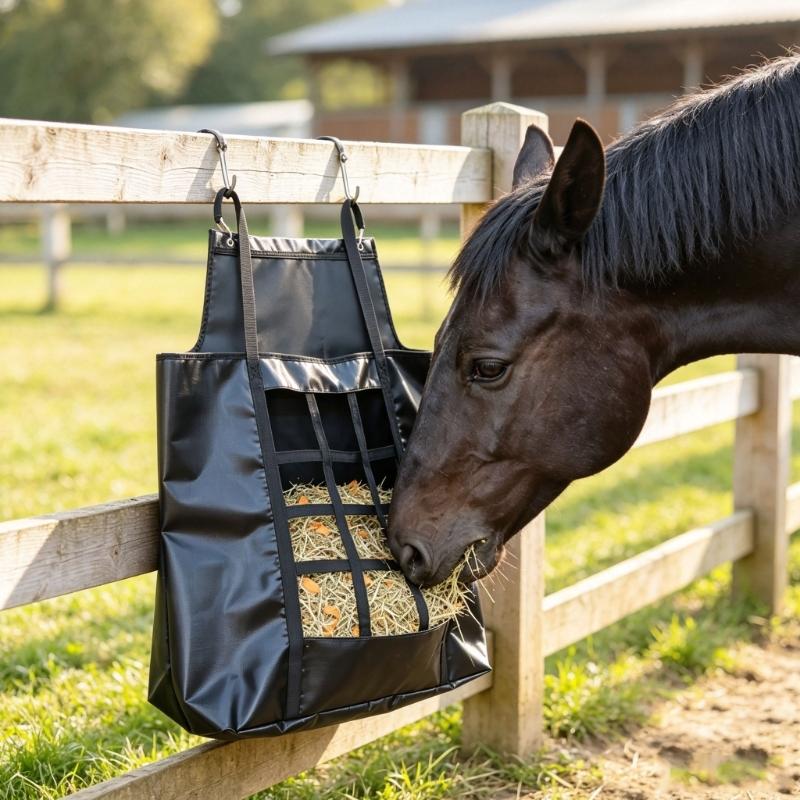 Horse Feeding Bag with Hanging Design, Black Front Opening Feed Bag, 60 x 71 cm Bag for Stable, Trailer, and Fence Feeding Contexts