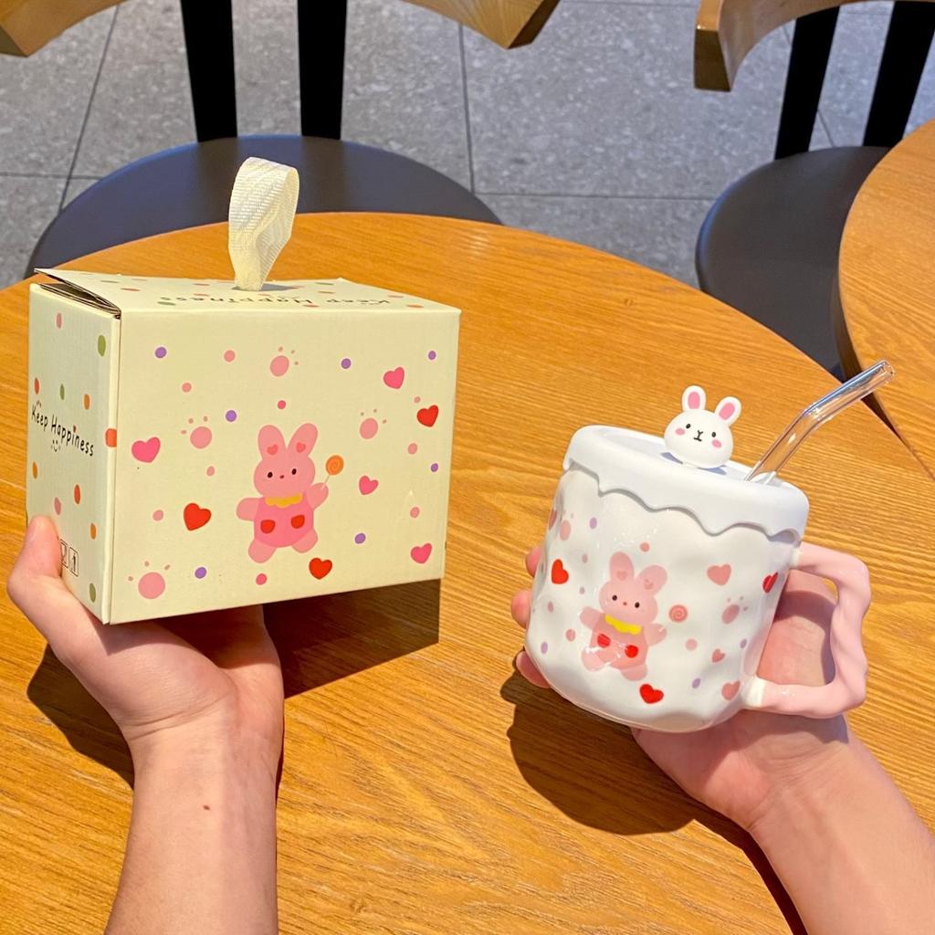 Cute Cartoon Cup Straw Cup Ins Style Mug with Lid Home Gift for Girls Birthday Couple Cup Ceramic Cup