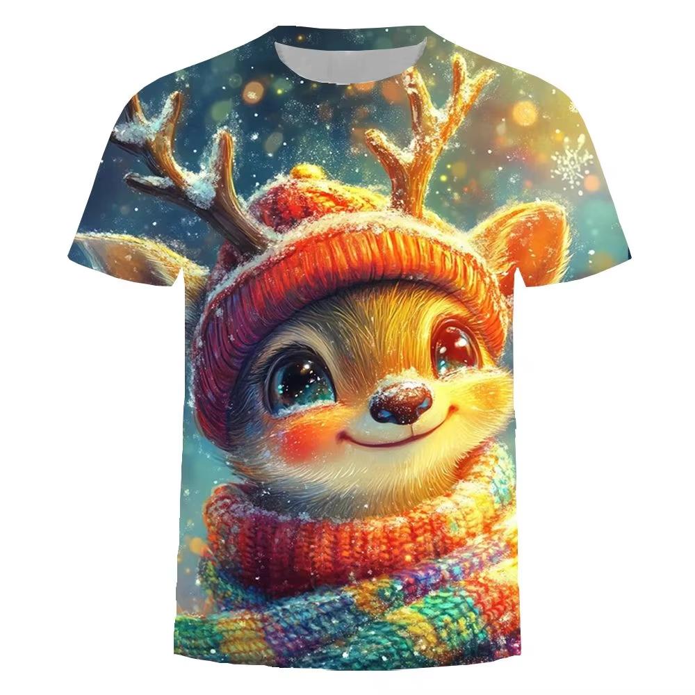 

Модная детская футболка с коротким рукавом Мужские футболки Женские футболки Рождественский олень Рождественский 3D-узор Футболка с коротким рукавом 160