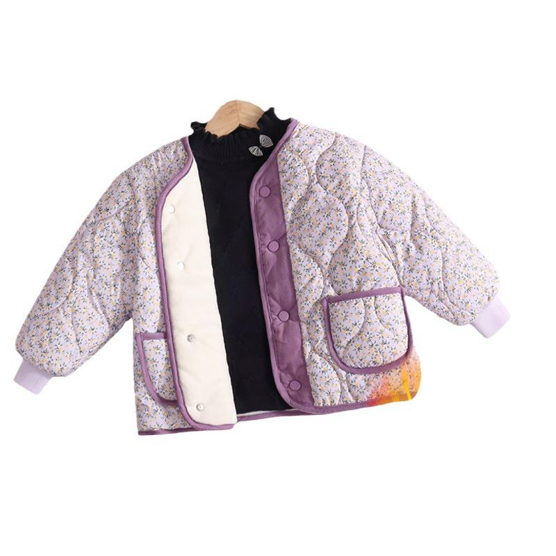 2023 Korean Style Girls' Floral Quilted Corduroy Winter Jacket
