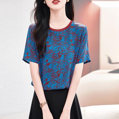 Silk T-shirt Women's New Summer Round Neck Printed Fashion Large Size Mulberry Silk Shirt