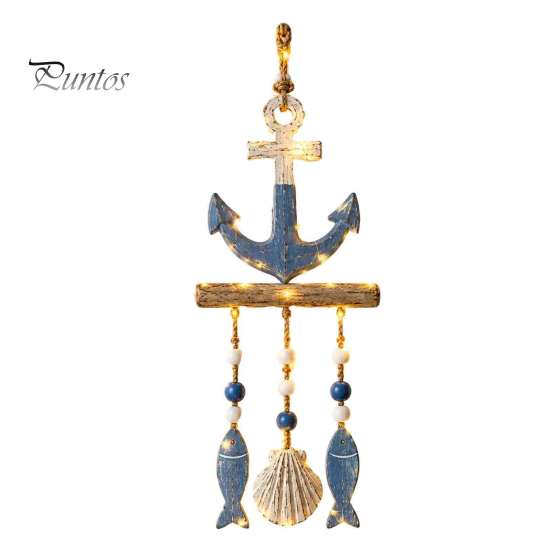 Decorazione da Appendere per Portico Costiero, Ornamento da Parete in Legno Illuminato, Cartello Nautico con Pesce, Conchiglia, Stella Marina e Ornamenti, Luci LED Calde, Casa al Mare per
